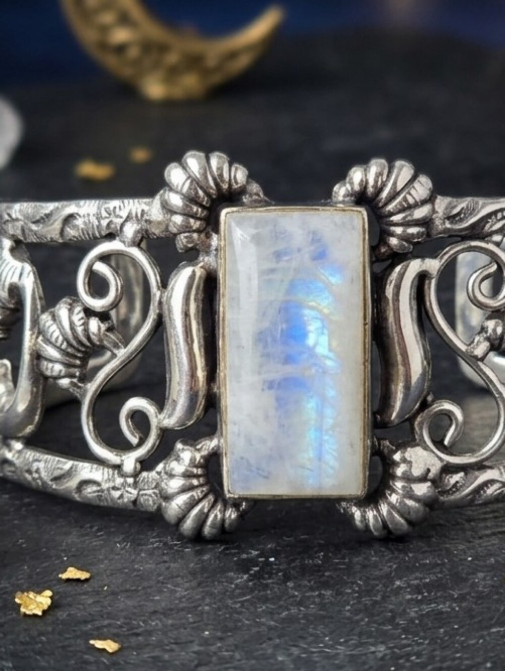 925 Sterling Silver Rainbow Moonstone Filigree Cuff Bracelet Iridescent Bohemian - Picture 11 of 15